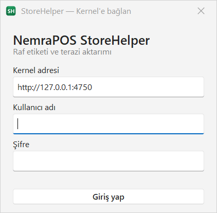 StoreHelper giriş penceresi: Kernel adresi, Kullanıcı adı, Şifre