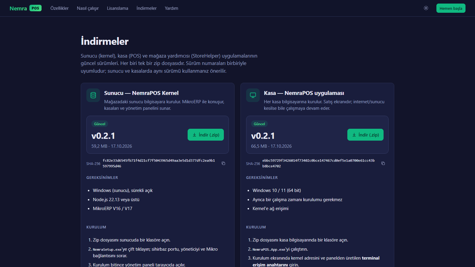 pos.nemra.net İndirmeler sayfası: Kernel, POS ve StoreHelper kartları